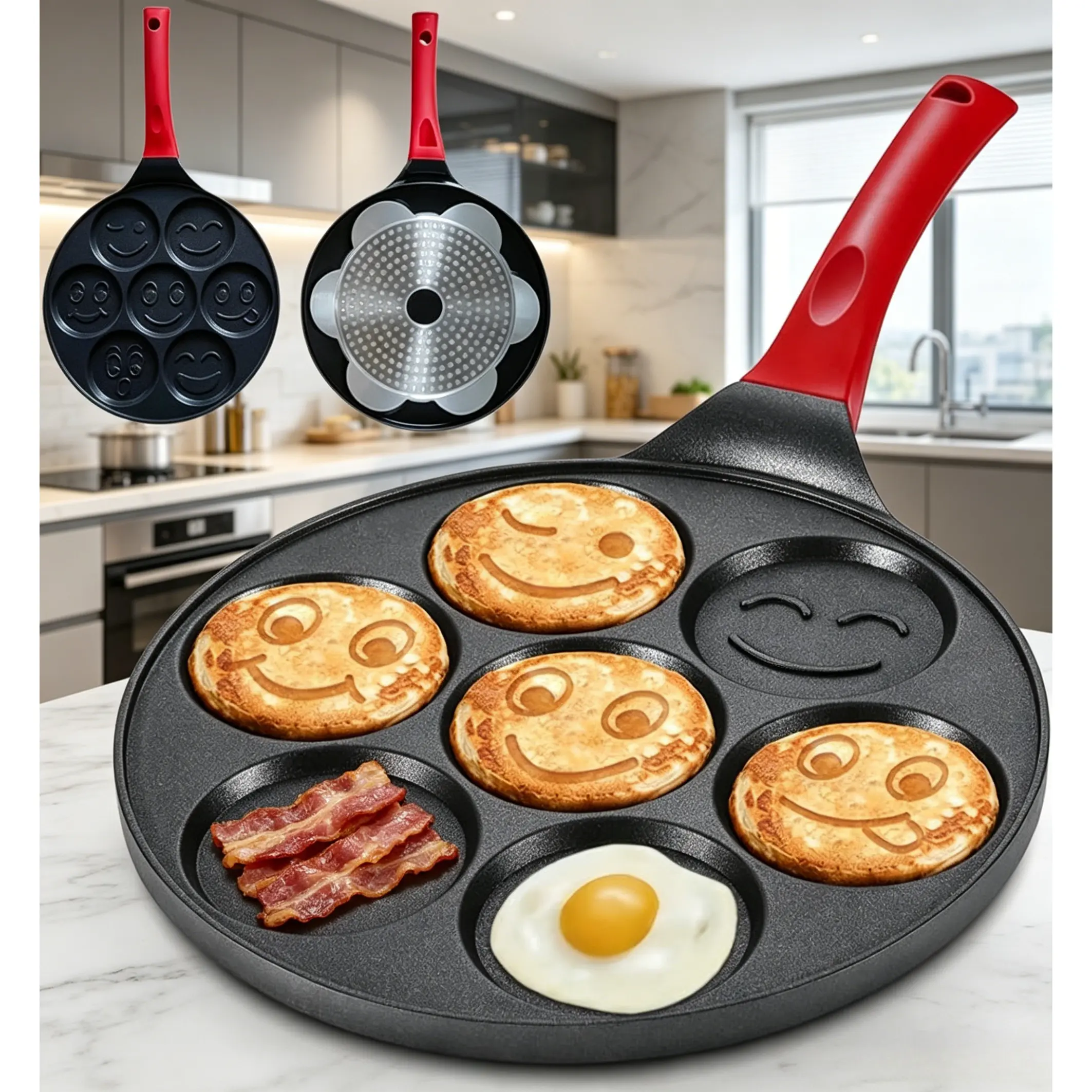 10.5-Inch Happy Face Emoji Aluminum Nonstick Pancake Pan Cookware Set, Cool Touch Handle, for Breakfast, Home & Festival Supplies cupcake dessert cake