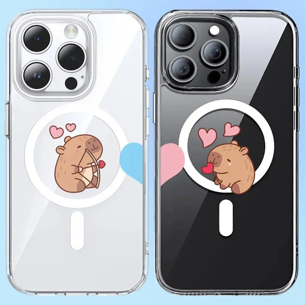 Heart-Shaped Capybara Couple Matching Acrylic Cellphone Casing & Paired Handheld Card Holder Wallet, MagSafe Compatible Clear Magnetic Shockproof Accessories for iPhone 16 Pro Max, Samsung Galaxy S24