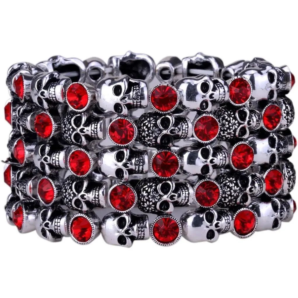 Women's Skull Stretch Cuff Bracelets - Elastic Band Fit Wrist 7 to 8 inch - Lead & Nickle Free - Women Biker