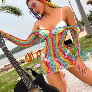 Plus Size Rainbow Striped Hollow Bikini Beach Wrap Mini Dress Lingerie