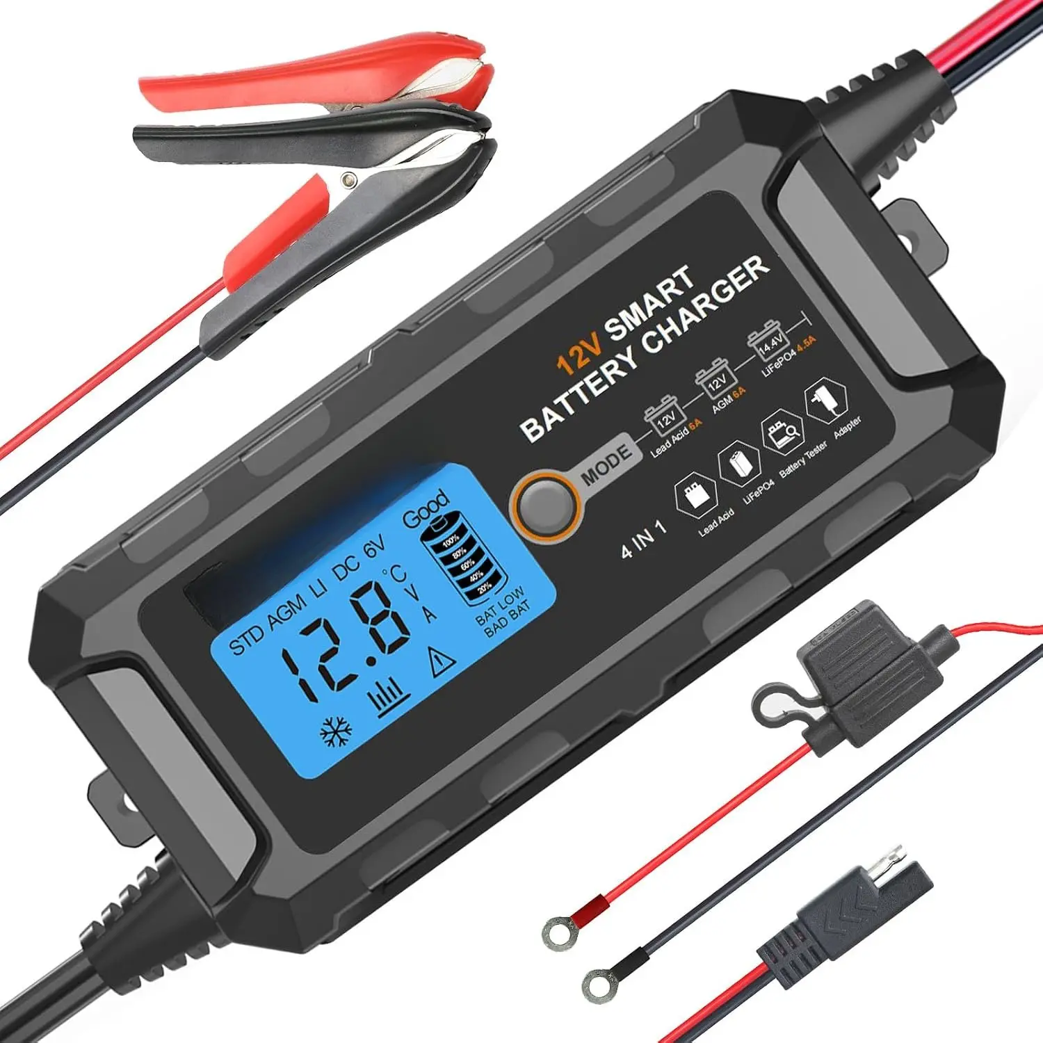 12V 5A Car Battery Charger Unit for Lead Acid, Lithium (LiFePO4) Batteries, ATVs/SUVs - Automatic Auto Maintain, Trickle Charger, Desulfator Mode with LCD Display, Easy Clip On