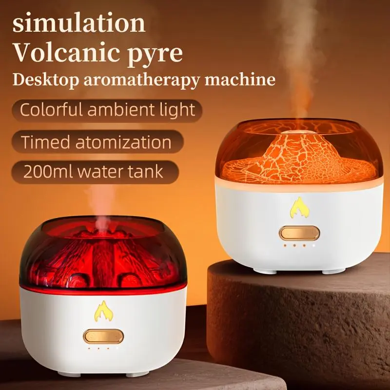 200ml Volcano & Bonfire Desktop Fragrance Aroma Humidifier with Colorful Ambient Light, Timed Function, Ideal for Home, Bedroom, Gifting