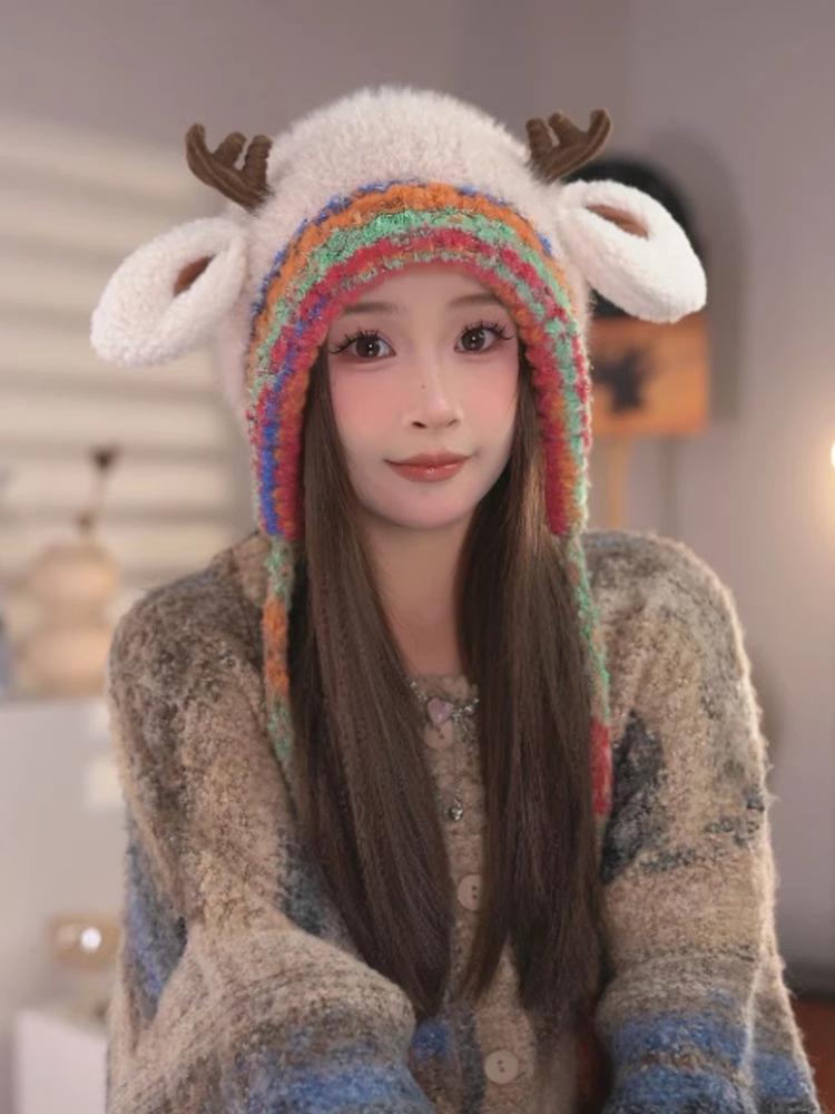 Christmas Reindeer Antler Hat, Knitted Warm Winter Hat with Ear Protection, Windproof and Cozy, Adjustable Size Fits Kids to Adults, Multi-use Design – Can Also Be Used as a Handbag