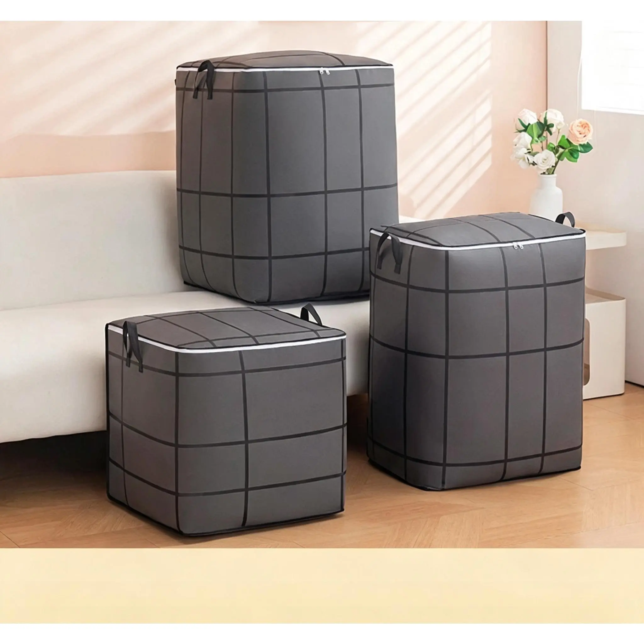 Large Capacity Waterproof Home Fabric Storage Bag with Grid Organizer for Seasonal Clothing and Cotton Quilts