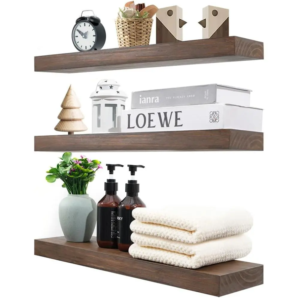 Wood Floating Shelves for Wall Set of 3, 22 Inch Rustic Floating Shelf Wall Mount, Solid Wooden Bathroom Floating Shelves for Kitchen, Bedroom, Living Room - Dark Walnut