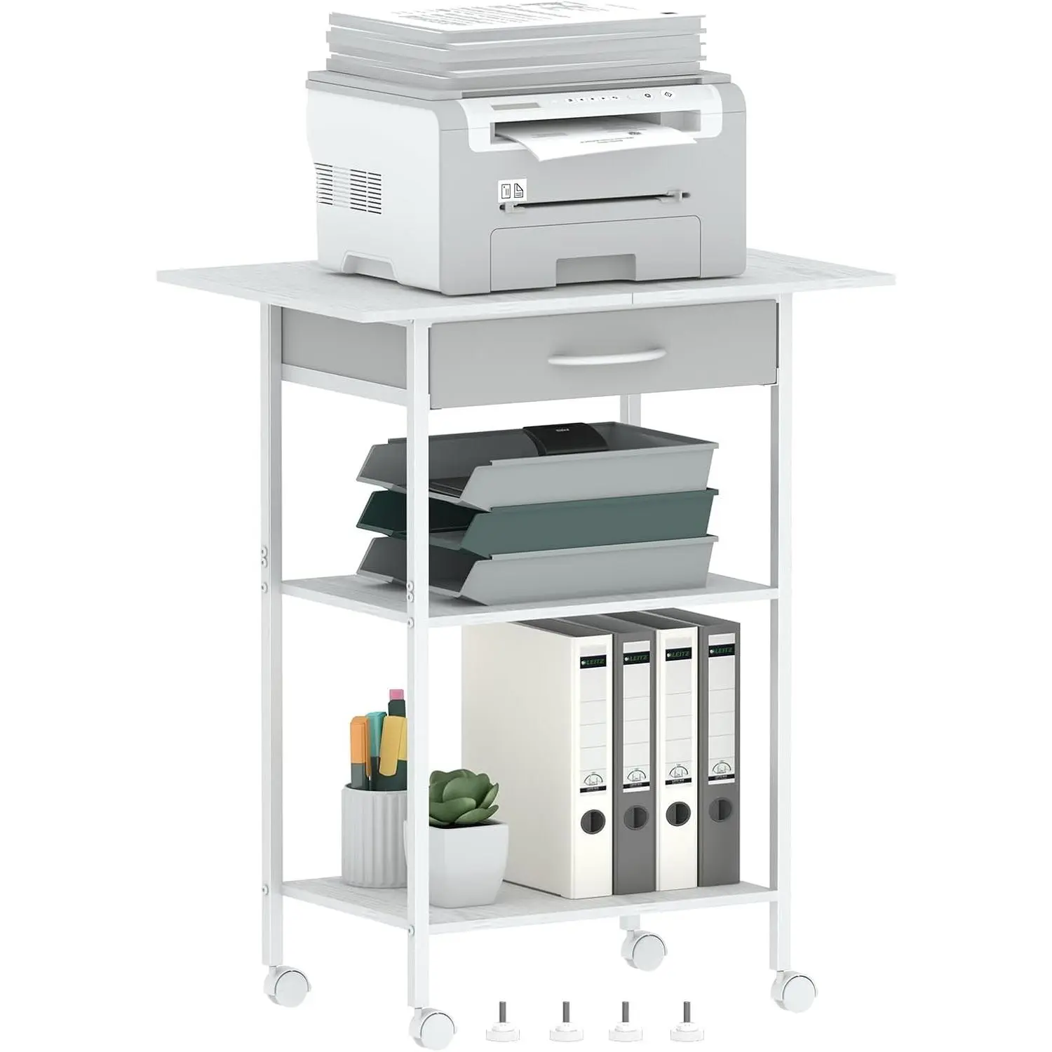 3-Tier Printer Stand, Printer Table with Fabric Drawer, Industrial Printer Storage Cart with Wheels, Rolling Printer Stand for Heat Press Scanner Fax, White
