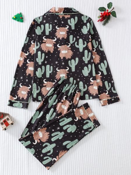 Women's Leopard Print Button Front Pocket Shirt & Pants Pyjama Two-piece Set, Elegant Comfy Long Sleeve Top & Trousers PJ Set, Ladies Sleepwear for All Seasons, Pajama Set