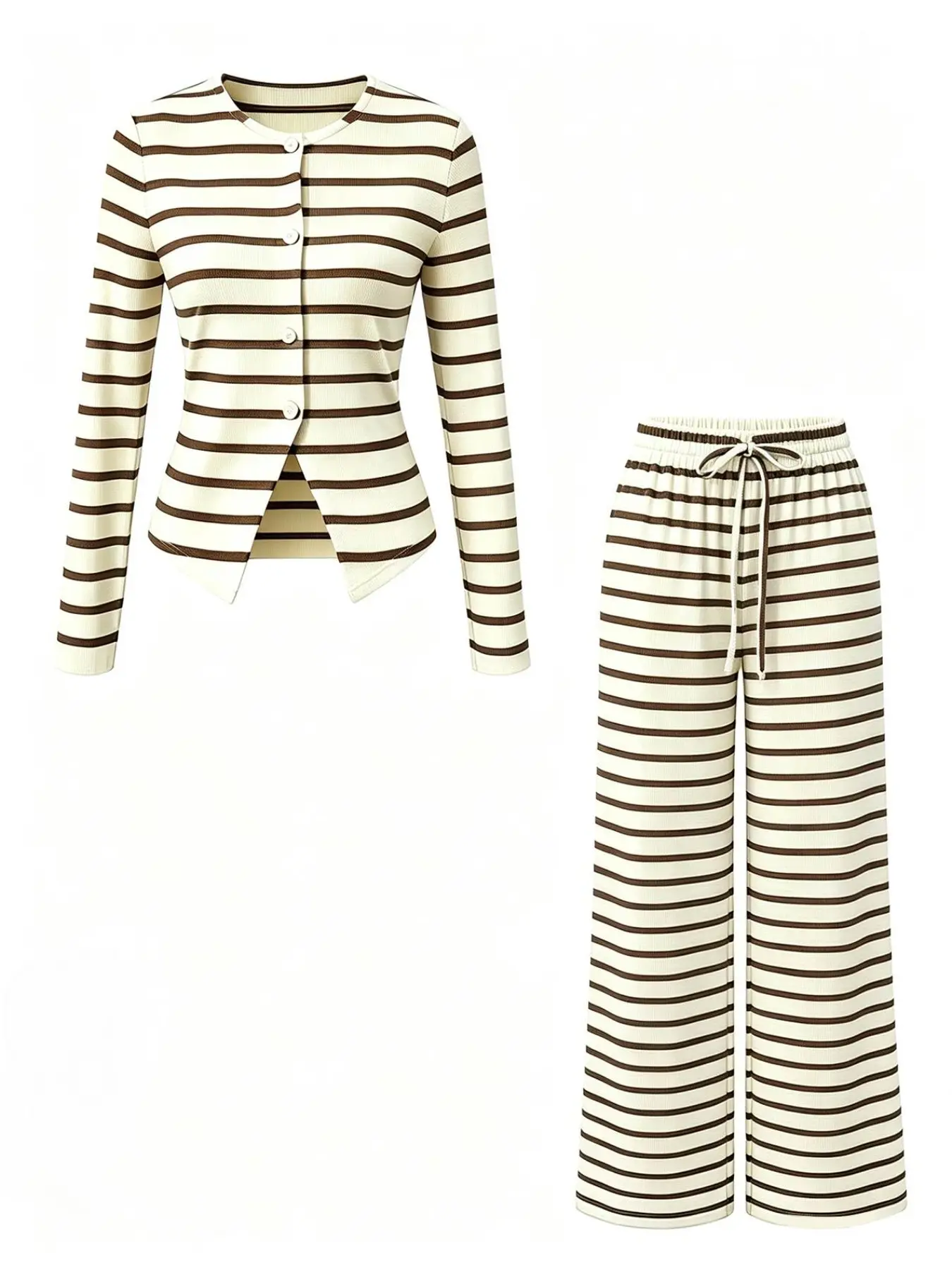 Young Women's Knit Set, Striped Slim-Fitting Round Neck Button Cardigan, Elastic Waist Wide Leg Pants, Casual Two-Piece for All Seasons