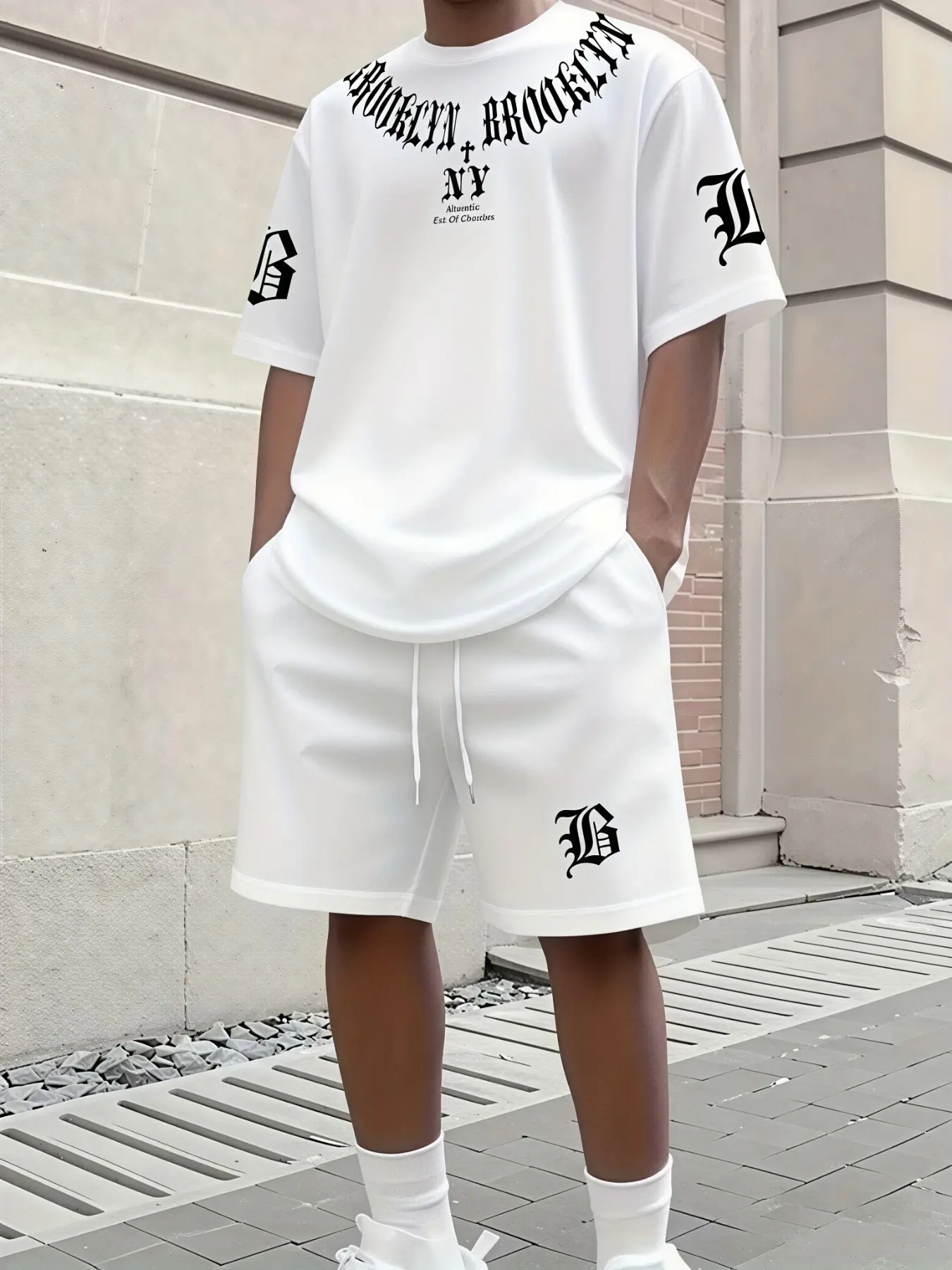 Men Clean Solid White Gothic Tracksuit, Versatile Basic Street Outfit For Dallas Family Camping & Casual Errands, Hot Selling Mens Neutral Daily 2Pcs Suit