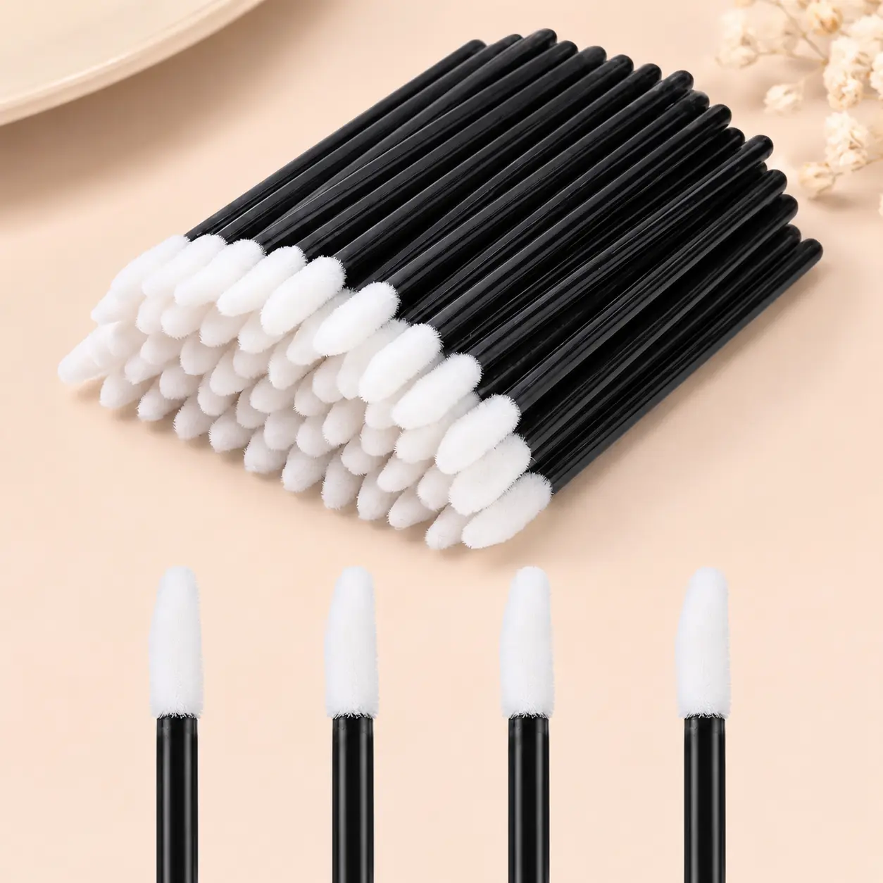 50 Pcs Disposable Lip Wands, Soft Flocked Lip Brushes for Lipstick & Lip Gloss, Portable Makeup Applicator Wands