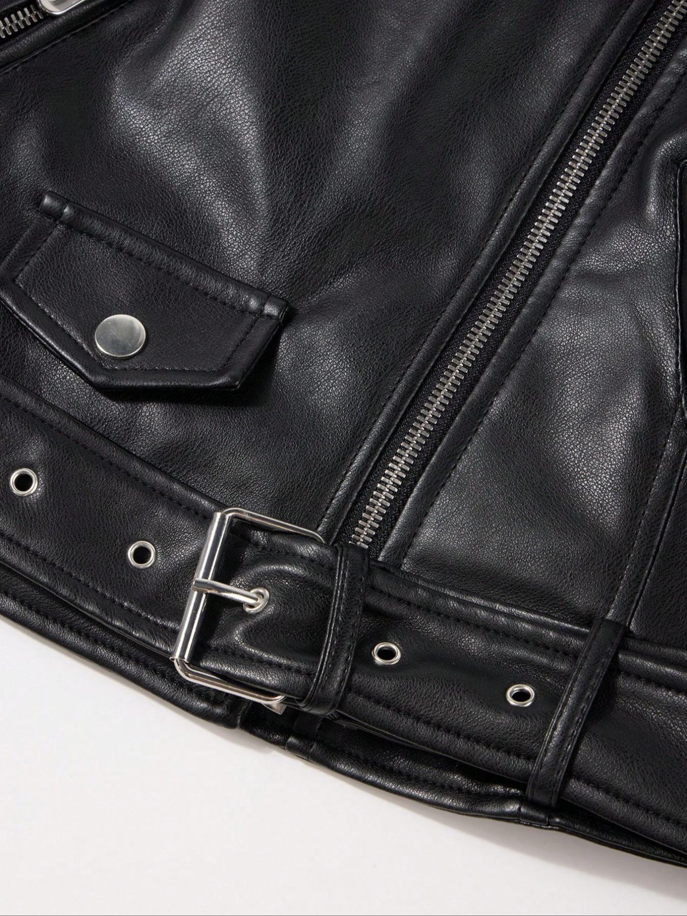 Women's Spring Jacket Vintage Street PU Coat, Fall Winter Casual Faux Leather Stand Collar Zipper Short Fitted Motorcycle Jacket with Belt