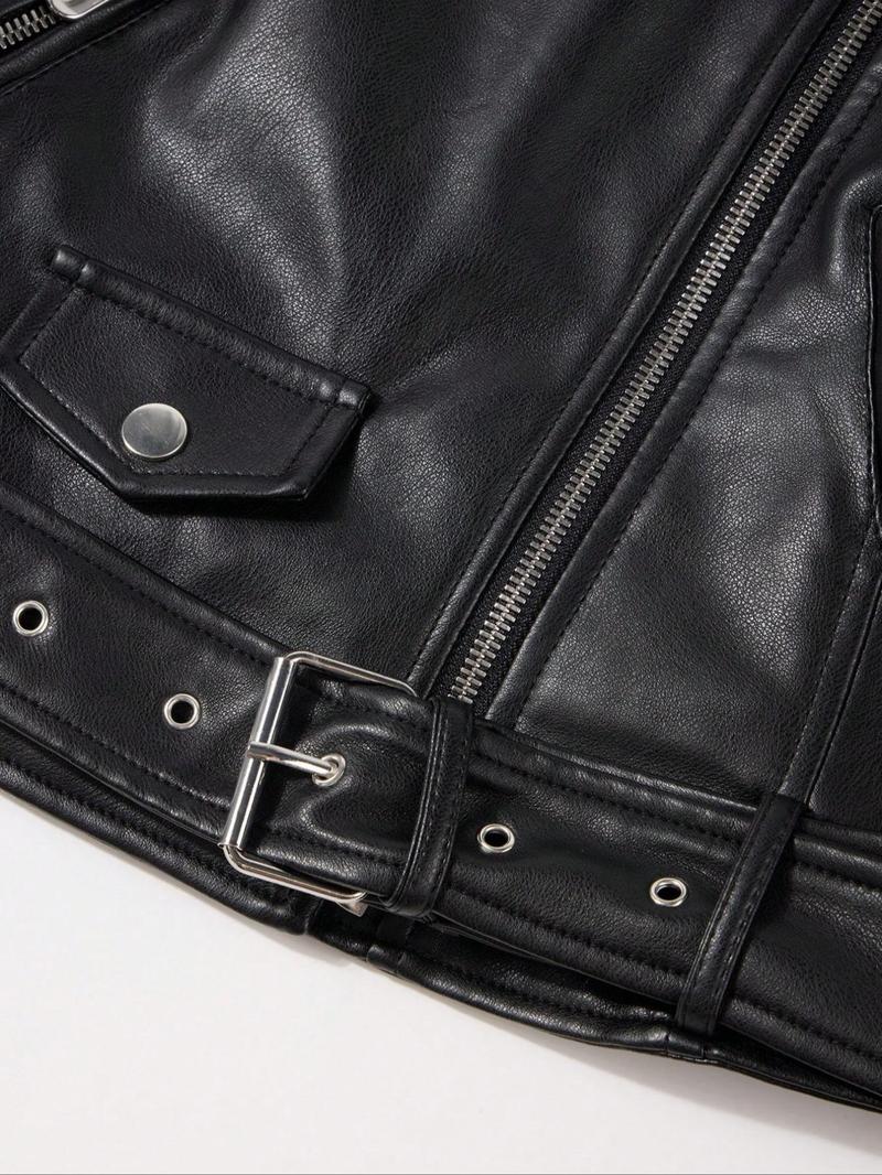 Women's Spring Jacket Vintage Street PU Coat, Fall Winter Casual Faux Leather Stand Collar Zipper Short Motorcycle Jacket with Belt