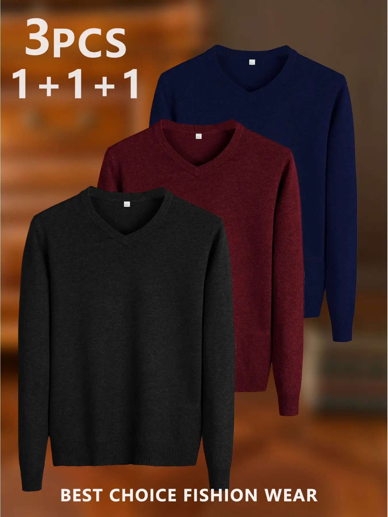 3-Pack Plus-Size Men's V-Neck High-Stretch Sweaters, Solid Color Long-Sleeve Tops