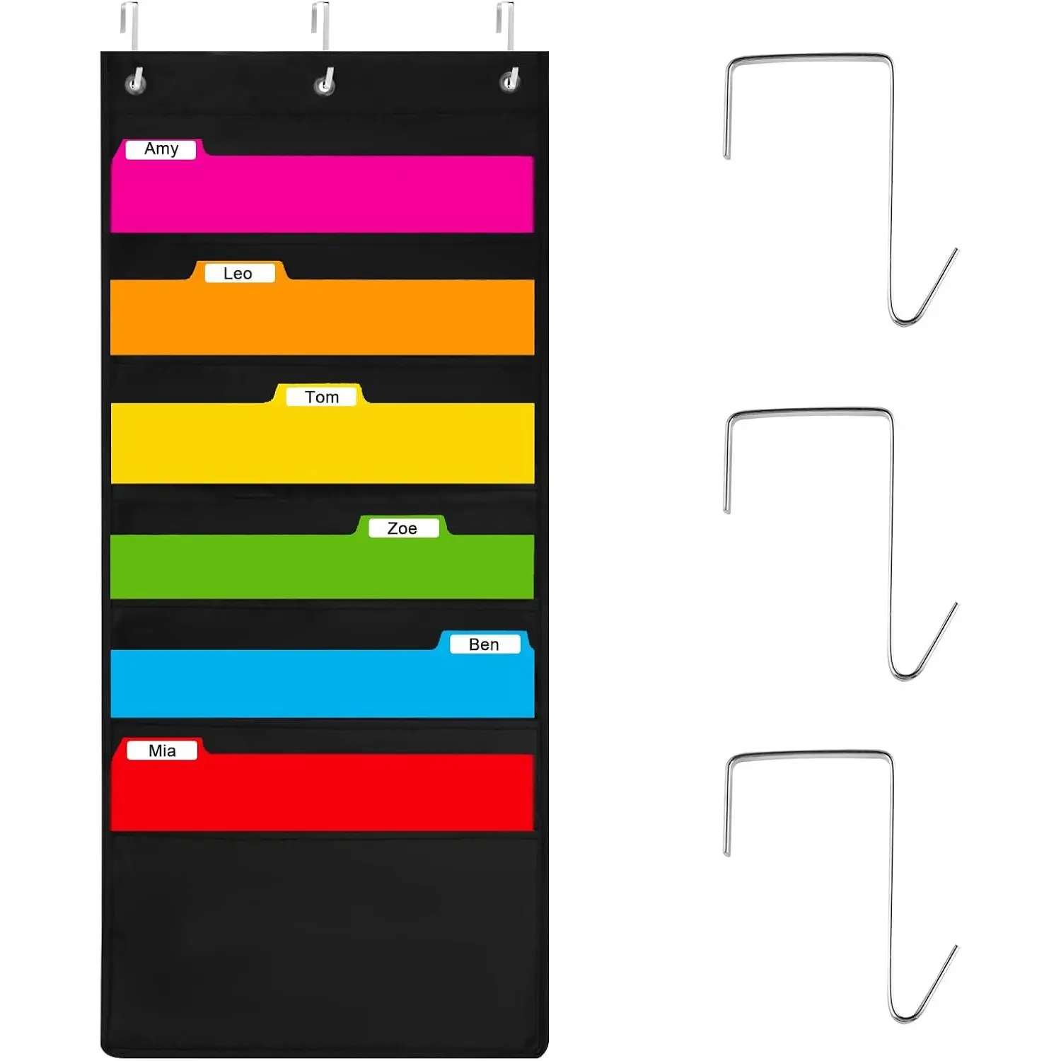 6-Pocket  Wall File Organizer with 3 Hangers, Black Storage Pocket Chart for Door, Wall Folder Organizer,  for , Office, Classroom