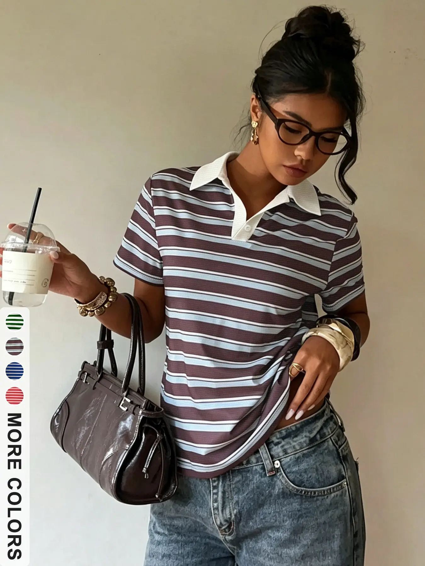 Women's Vintage College Style Striped Loose Polo Shirt, Short Sleeve T-Shirt, Vacation Top, Streetwear, Music Festival, Back-To-School, Y2K Casual
