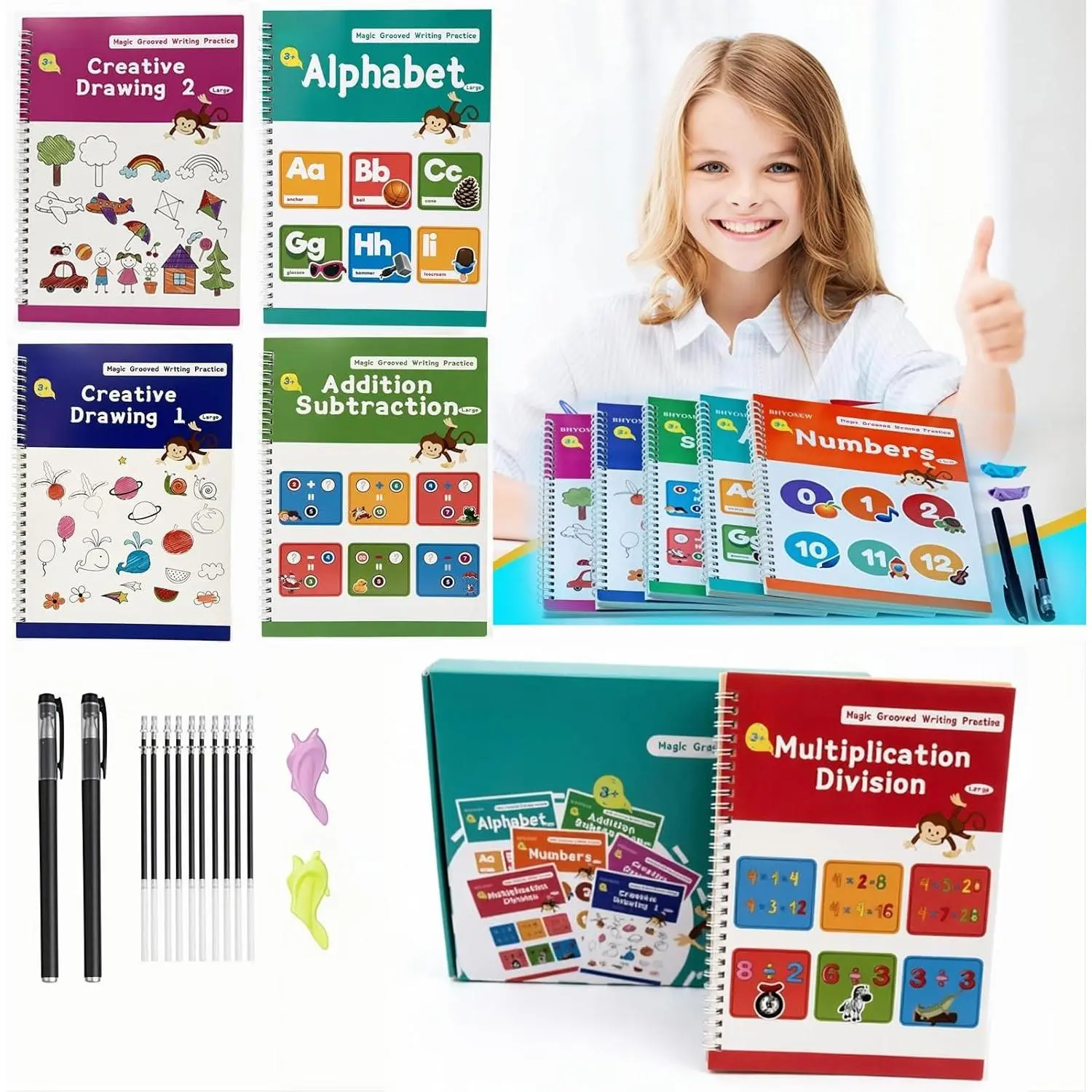 Magic Grooved Writing Practice Books for  with Disappearing Ink Pens Grips,  Handwriting Workbooks 6 count, Letter Tracing Copybook for  Ages 3-8