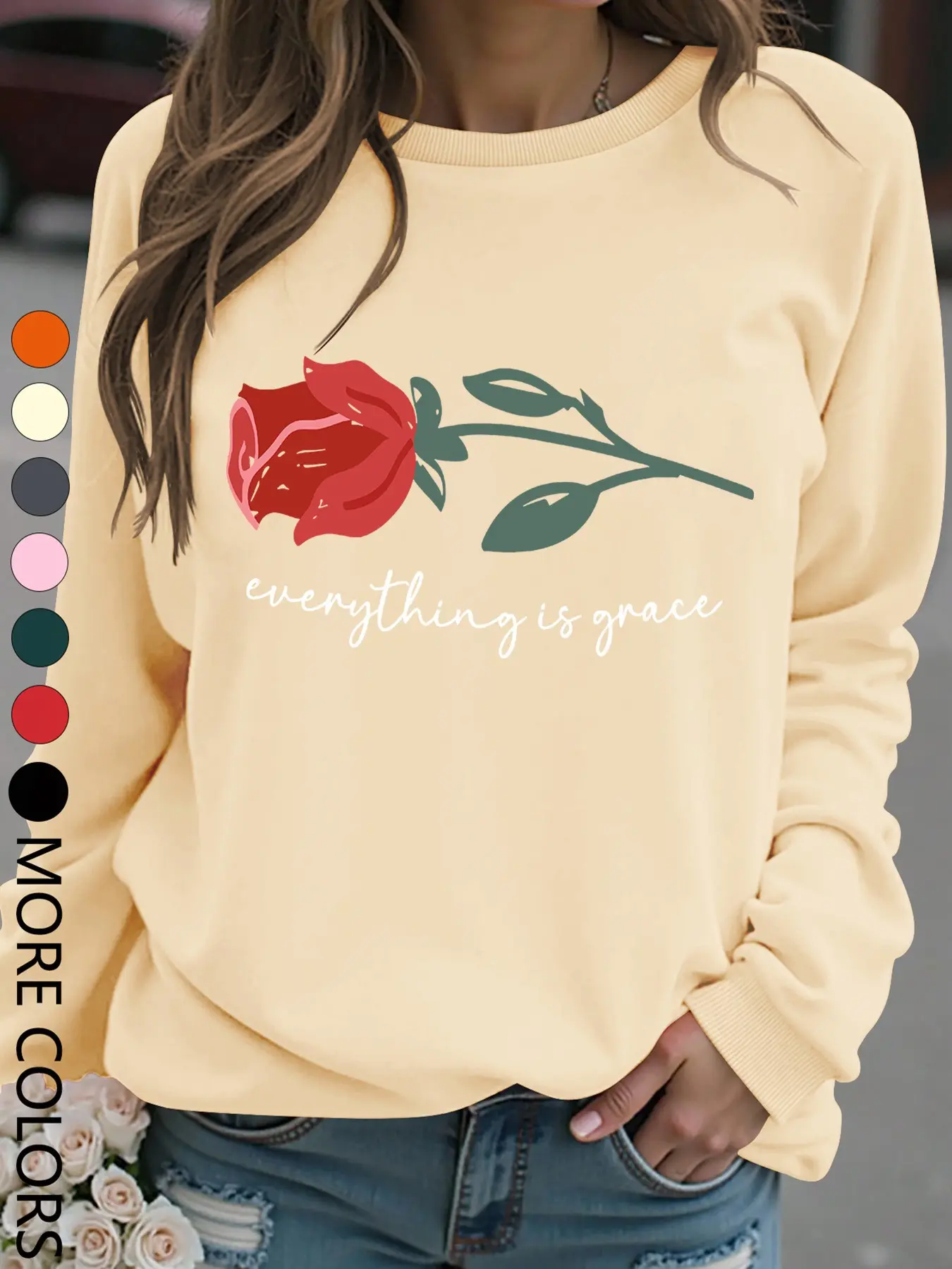 New Fall Winter Casual Creative Rose Print Sweatshirt, Women's Daily Wear, Fashion Comfortable Long Sleeve Pullover, Ladies Autumn Winter Clothing