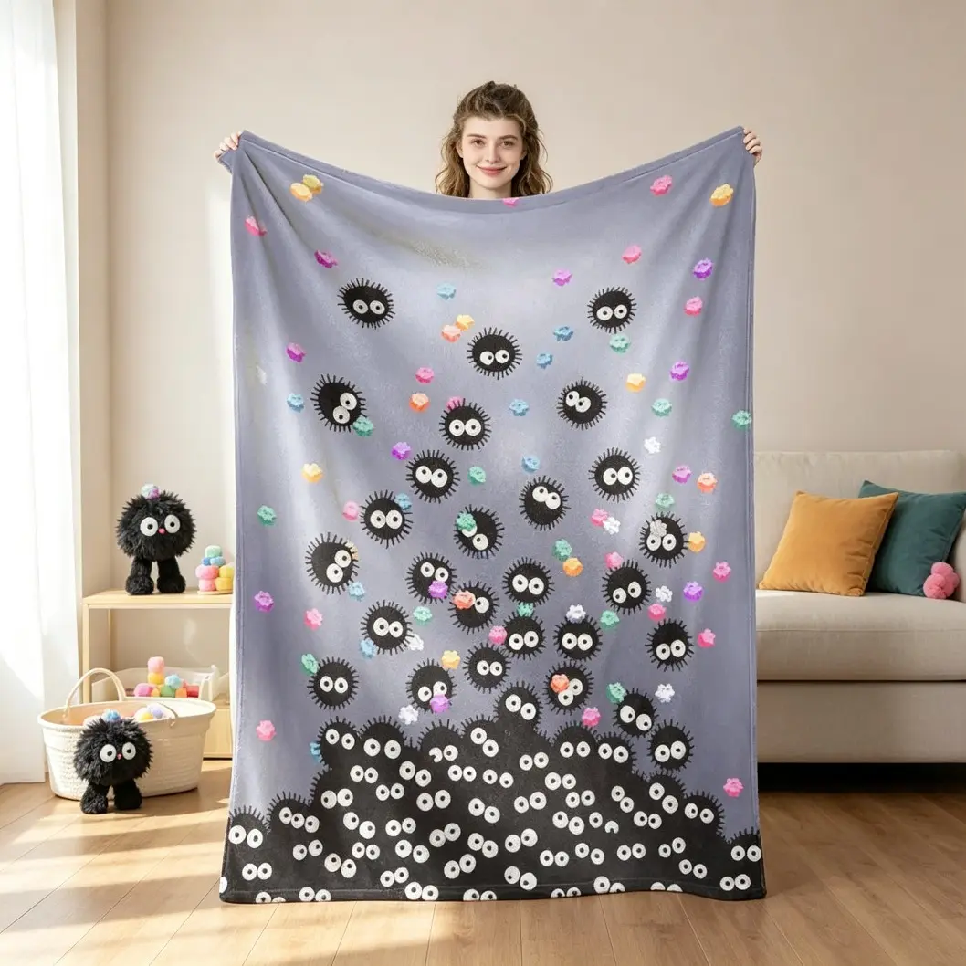 Soot Sprite Flannel Throw Blanket, Cute Fluffy Cartoon Pattern Blanket with Little Black Dust Bunnies, Character Art & Colorful Cartoon Style, Ultra-Soft Lightweight Cozy Blanket for Bed Sofa Travel Home Decor, Kids Blanket Adult Blanket Warm Gift
