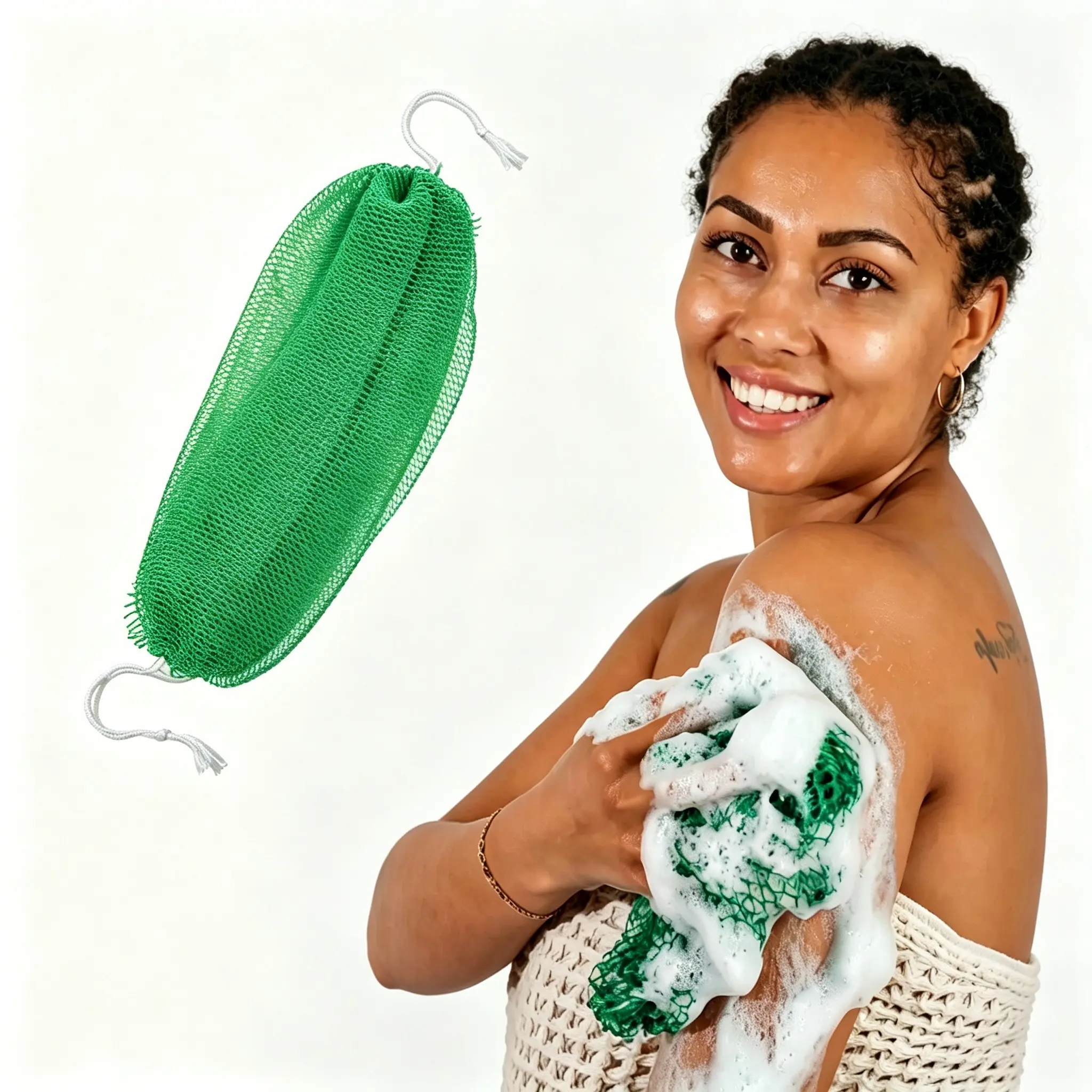 Long Exfoliating Soap Saver Bag, Double Knotted Mesh Hanging Soap Pouch, Hygienic Body Scrubber for Daily Shower Skincare