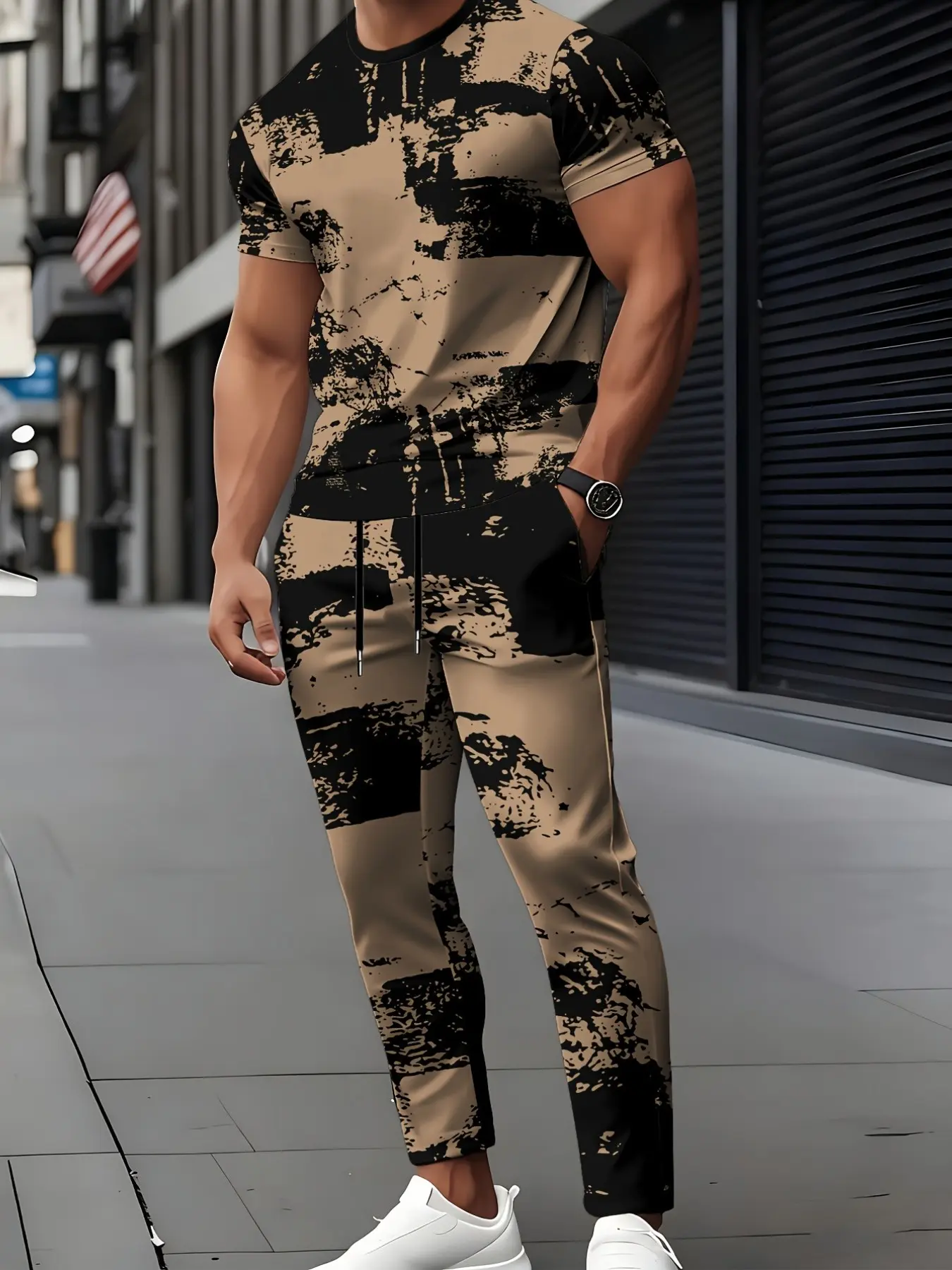 Men's street style two-piece set, splashed ink splicing camouflage short sleeved pants, daily loose fitting outfit