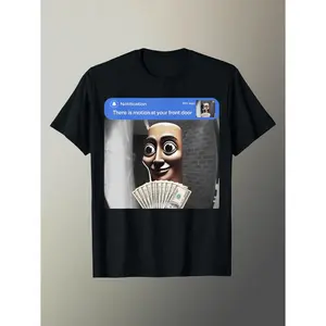 Unisex Oversize Soft Crew Neck Graphic T-Shirt Viral Brainrot Meme Print "There Is Movement At Your Front Door Tung Tung Tung Sahur", Breathable Lightweight Short Sleeve Absurdist Internet Humor Streetwear Top, Trending TikTok Novelty Tee For Men W