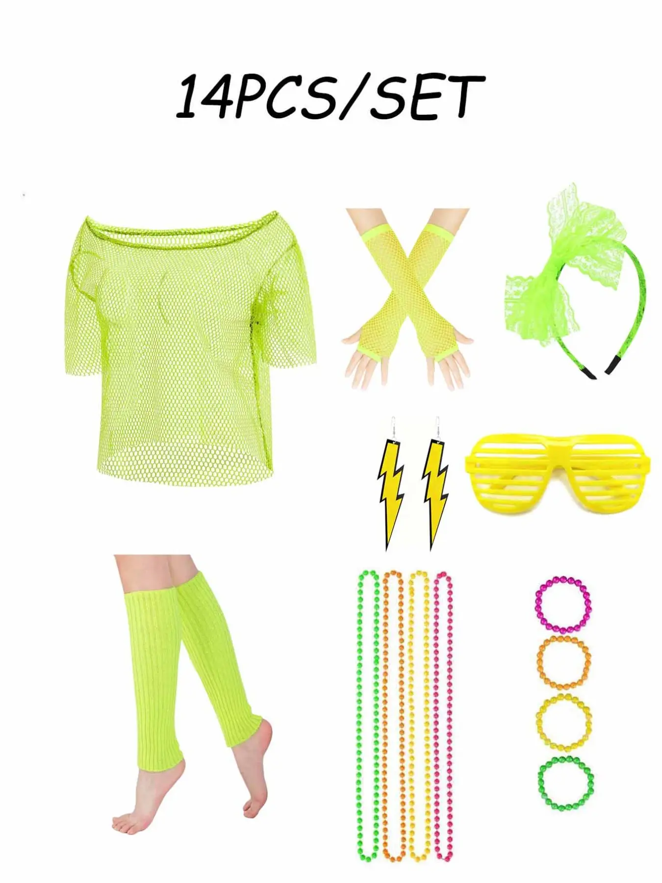 14-Piece Set, Fluorescent 80s Women's, Mesh Top, Gloves, Headband, Fleece Leg Warmers, Glasses, Lightning Earrings, Beaded Jewelry, Perfect for Theme Parties