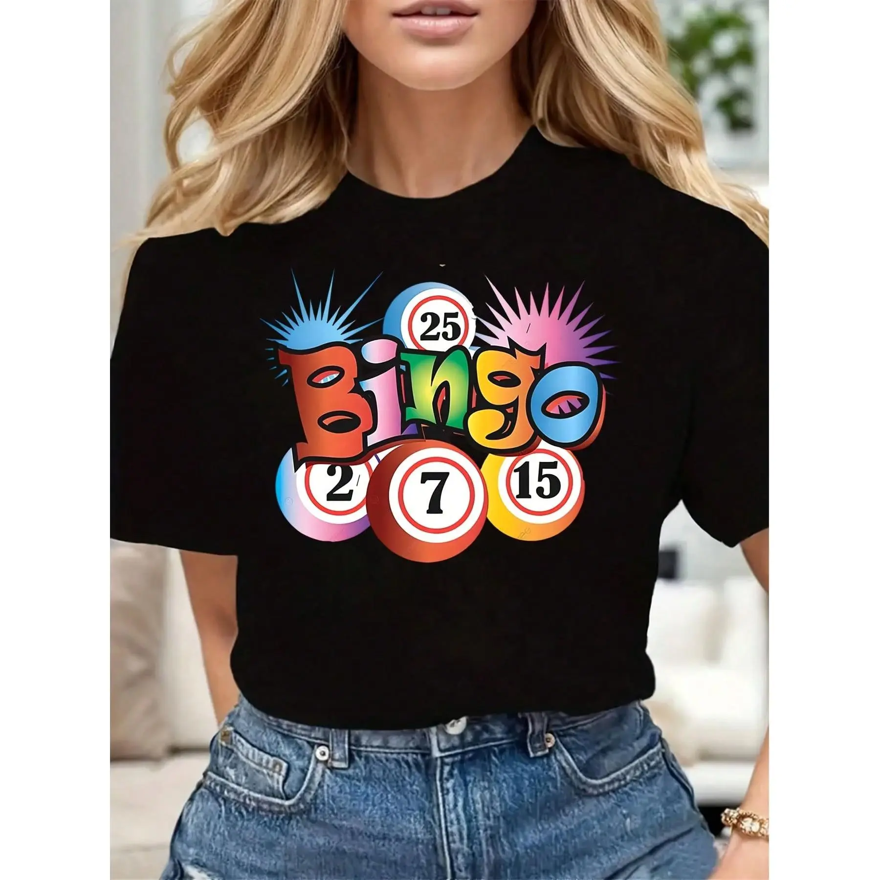 Women's Retro Bingo Ball Graphic T-Shirt, Soft 100% Cotton Knitted Tee with Short Sleeves and a Casual Regular Fit, Fabric, Lightweight, Round Neck, All Over Print, Piece