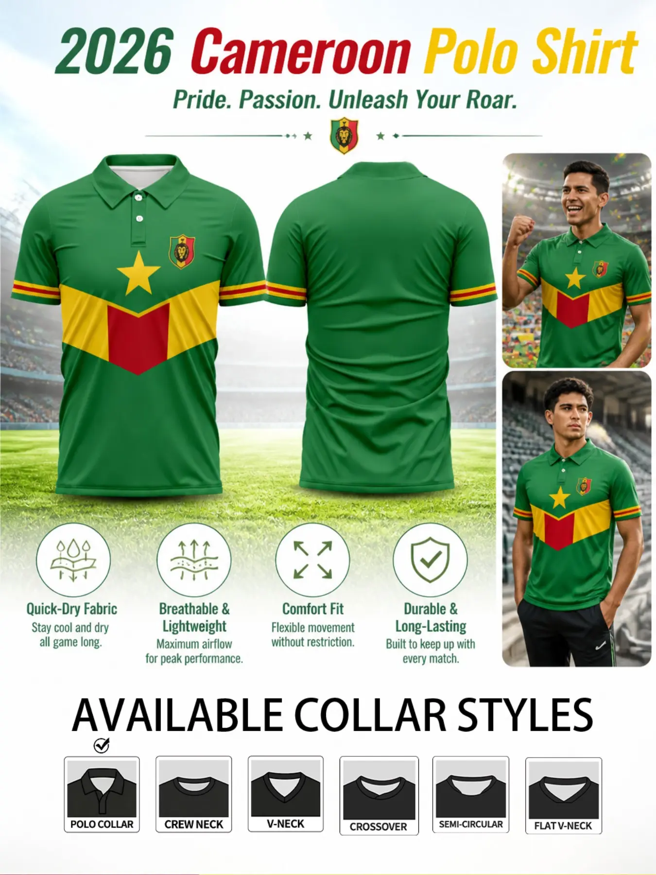 2026 Cameroon Soccer Jersey, V Star Lion Print, Breathable Quick-Dry Sporty T-Shirt, Short Sleeve Training Top