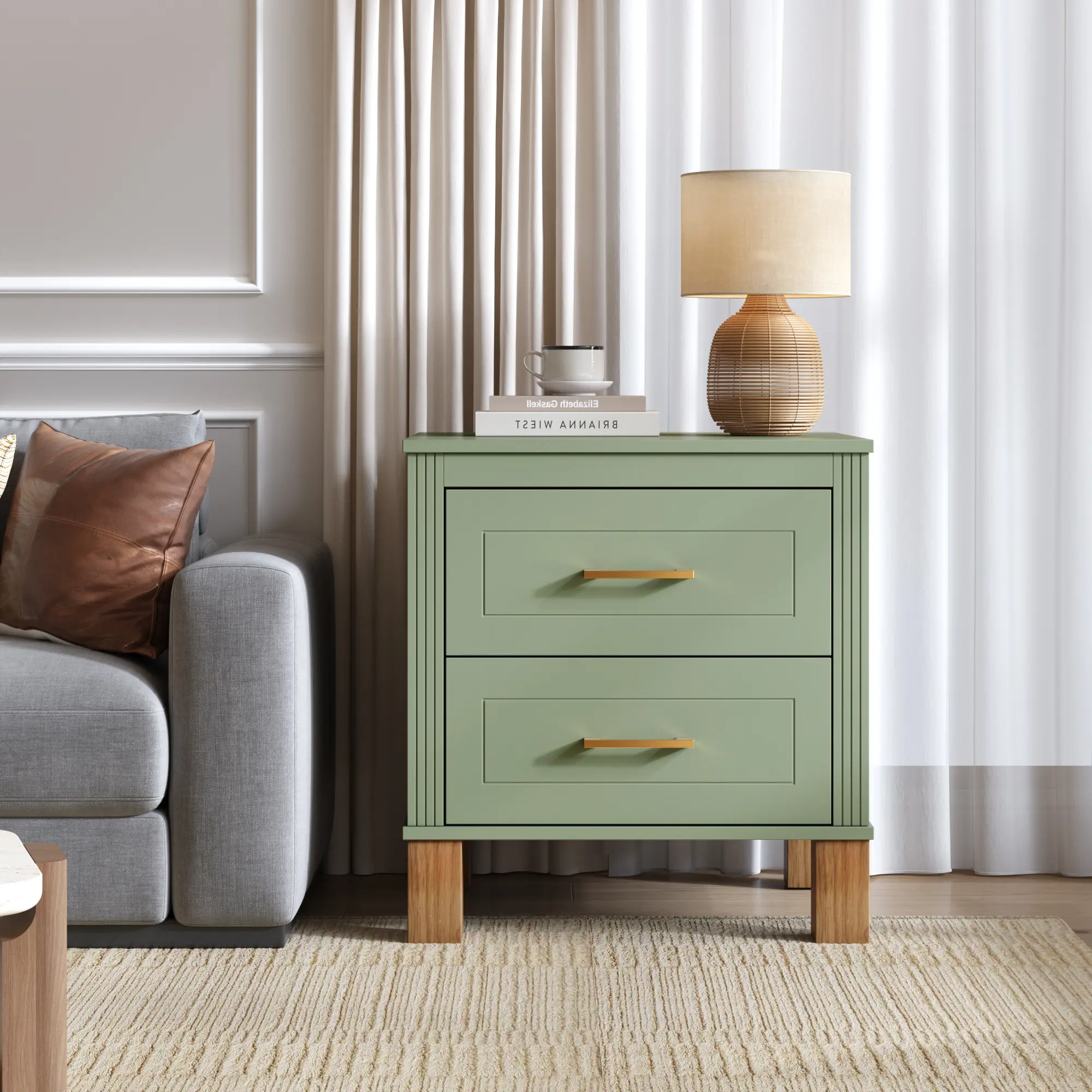 Nokaa 2 Drawer Nightstand with Fluted Design, Solid Wood Legs, Metal Handle, Tall Bedside Table for Bedroom, Living Room, Sage Green, Premium Wood Storage Cabinet, Night Stand, End Table, Bedside Storage, Nightstand for Small Spaces