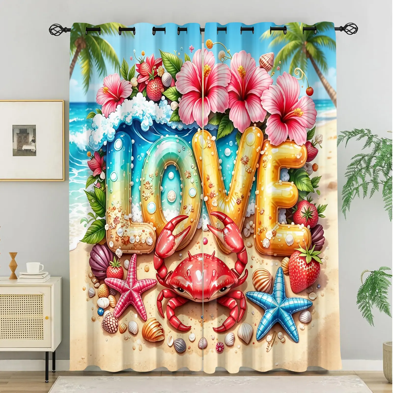 2 Panels Grommet Window Panels Blackout Curtains, Thermal Light Blocking Window Drapes, Tropical Beach Love Crab Hibiscus Floral Fabric Window Coverings for Coastal Lover Bedroom, College Dorm, RV Camper Interior Decor