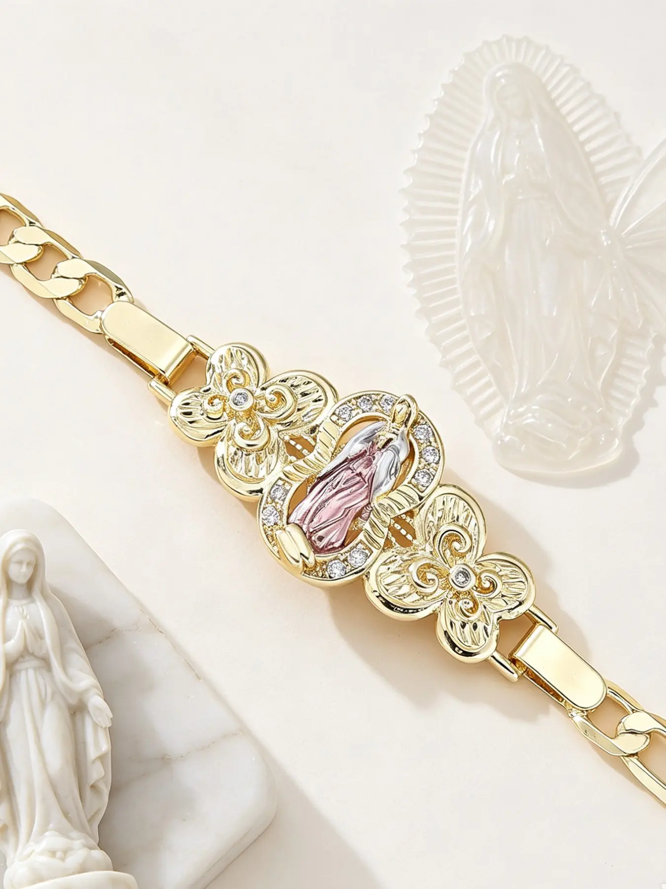 Our Lady of Guadalupe Bracelet, Copper Metal Bracelet, Elegant Jewelry Bracelet, Sparkling Zircon Inlay, Butterfly Accent, Religious Charm, Enamel Design, Catholic Gift for Women