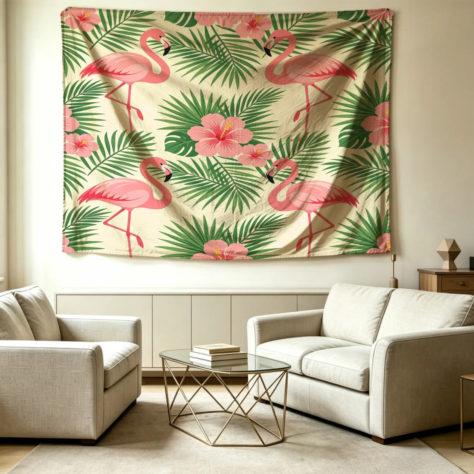 Minimalist Cartoon Tropical Flamingo Hibiscus Print Wall Tapestry, Party Backdrop & Photo Prop, Decor for Living Room Bedroom, Multi Colors Available, Ideal Gift