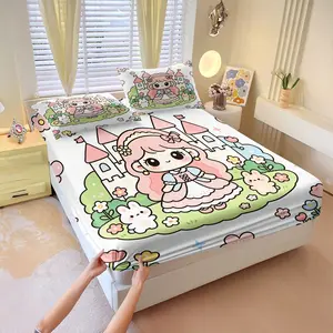 3Pcs Fairy Tale Princess Style Fitted Sheet Set, fine digital print fade-resistant, machine washable easy care, for dorm bedroom, creates girls' exclusive dreamy sleep space for back to school