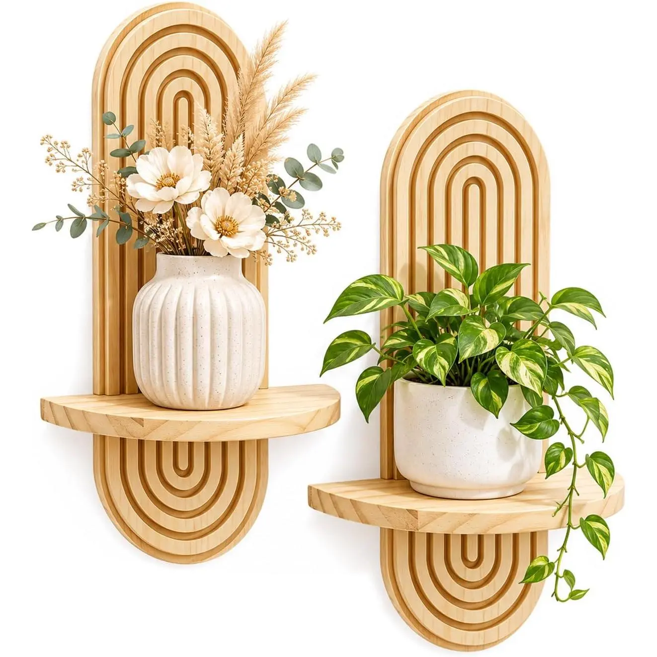 Joyzan Boho Wood Floating Wall Shelves, Rainbow Arch Decorative Hanging Small Wall Shelf Set for Living Room, Bedroom - Plant, Candle Holder Display