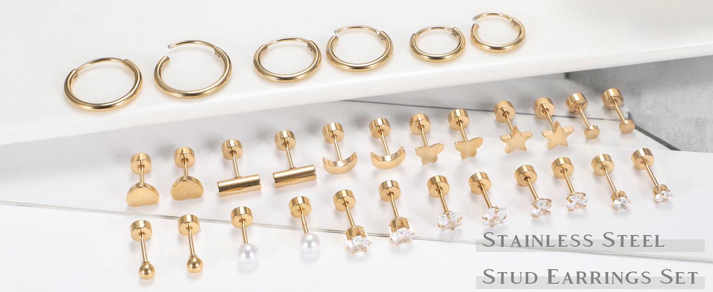 Florideco Small Tiny Stud Earrings for Women Hypoallergenic Flat Back Earrings 14K Gold Plated Surgical Stainless Steel Earrings Sets Screw Back Cartilage Earrings