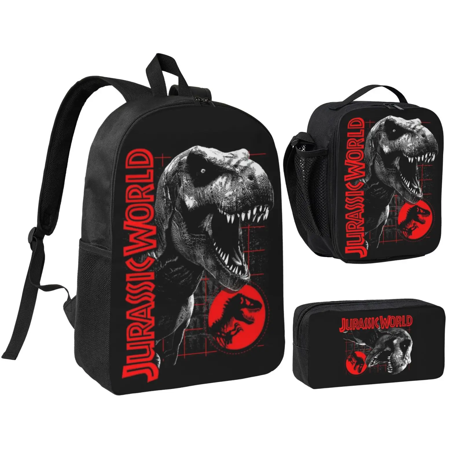 Unisex Kids' 3-Piece Jurassic World Print Polyester School Backpack Set - Waterproof Daypack with Insulated Lunch Bag & Pencil Case for School