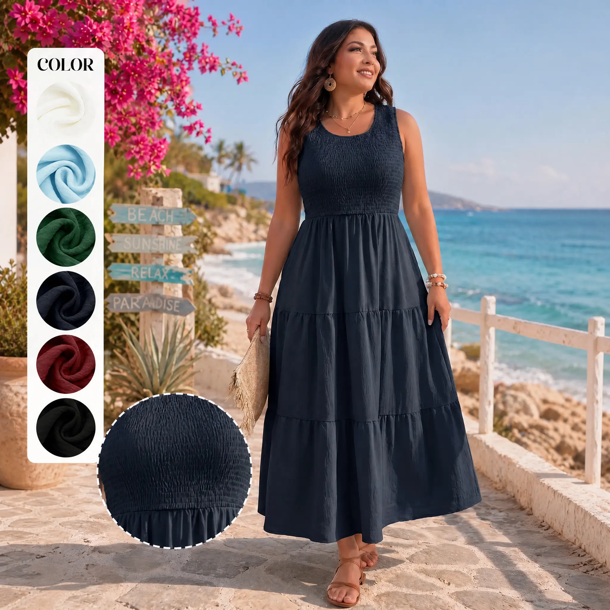 Women's Plus Size Soft Breathable Comfortable Boho Maxi Dress - Sleeveless Smocked High Waisted Casual Beach Summer Sundress with Pockets, Elegance, Fabric, Pleated, Sun Dress, Plussize, Solid, Midi Dress Minimalist Basic Womenswear sohochic