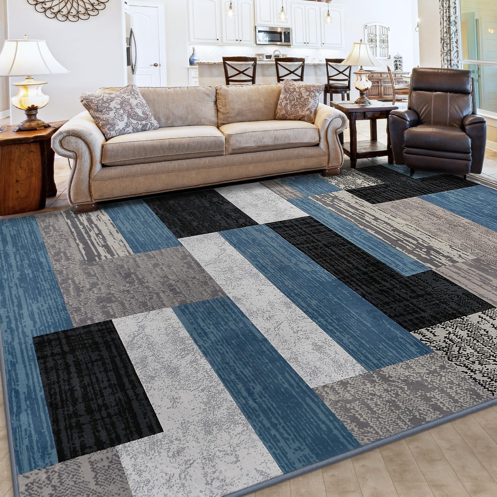 Modern Geometric Patchwork Beige Rug, 5x8ft Large Rockwood Collection Carpet | Floor Decor for Living Room Bedroom Dining Room Entryway Office Nursery