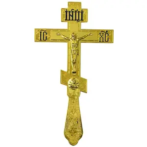 10.4 Inch Gold Plated Orthodox Blessing Cross, Handheld Priest Crucifix with IC XC INRI Engraving and Skull of Adam, Eastern Russian Orthodox Cross for Church Rituals and Blessings