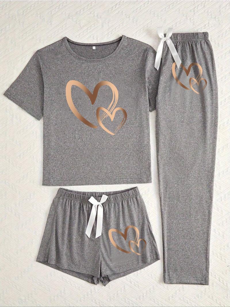 Women's Heart Print Tee & Pants & Shorts Pyjama Set, Casual Comfy Round Neck Short Sleeve T-Shirt & Trousers & Shorts PJ Set, Ladies Sleepwear for All Seasons, Loungewear, Shorts Pajama Set