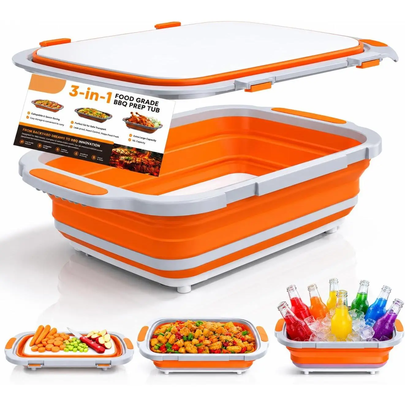 Outdoor 16L Collapsible BBQ Prep Tub with Leakproof Synthetic Lid - Removable Board, 3-in-1 Wash & Marinate Meat Container (Home Supplies Wash Tub)