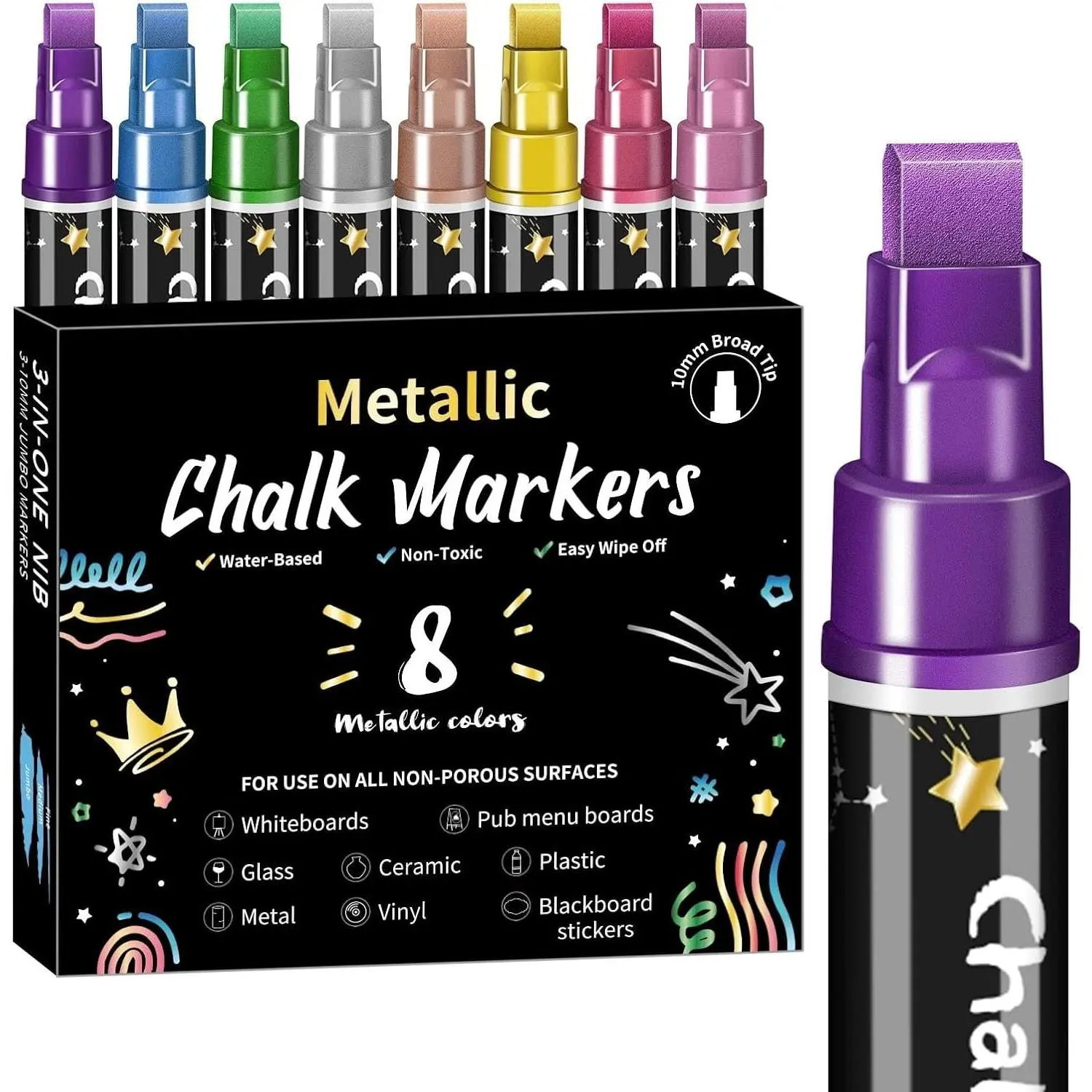Liquid Chalk Markers for Blackboard, 8 Metallic Colors Washable Window Markers, 10mm 3-in-1  Wide Tip, Dry Erase Marker Pens for Chalkboard,  Window  Pens for Christmas Glass Decoration