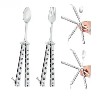 Tactical Butterfly Fork Spoon 2 in 1, Stainless Steel  Trainer Cutlery, Foldable Butterfly Trainer , EDC Pocket Multitool, HuntinFoldable Butterfly Trainer  Camping Survival Gear & Outdoor BBQ Supplies