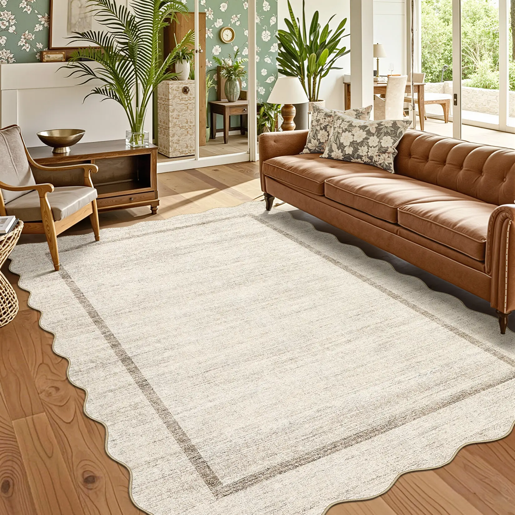 Washable Scalloped Rugs for Bedroom Living Room, Soft Bordered Accent Dining Room Rug with Non Slip Back Textured Accent Low Pile Area Rug Stain Resistant Floor Carpet for Dining Room Office