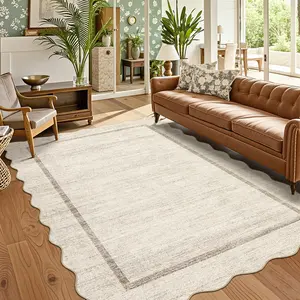 Washable Scalloped Rugs for Bedroom Living Room, Soft Bordered Accent Dining Room Rug with Non Slip Back Textured Accent Low Pile Area Rug Stain Resistant Floor Carpet for Dining Room Office
