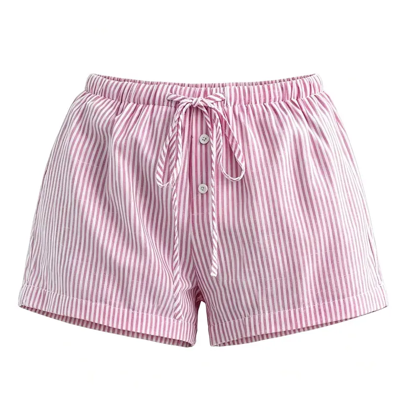 Women's Chic Minimalist Summer Vertical-Striped Oversized Loose Shorts - Elastic Drawstring Waist, Button Decor, Lightweight Slimming Matching Beach Loungewear for Daily Vacation Use, Comfy, Fit, Day, Hip, Adjustable, Bottoms, Fabric