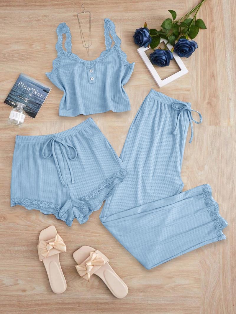 Women's Sleepwear Set, Three-Piece Round Neck Lace Trim Pajamas, Soft Breathable Comfort Casual Home Wear, Tank Top Shorts Long Pants