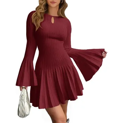 Saodimallsu Women's Long Bell Sleeve Mini Knit Dress - A-Line Bodycon Sweater Dress