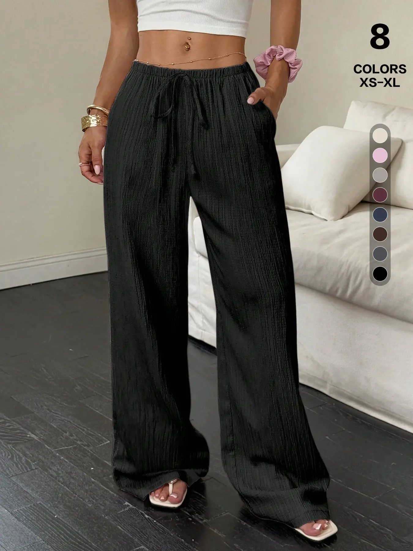 Women's Casual Comfy Lounge Pants, High Waisted Baggy Wide Leg Palazzo Pants, Adjustable with Pockets and Drawstring, All Seasons Wear