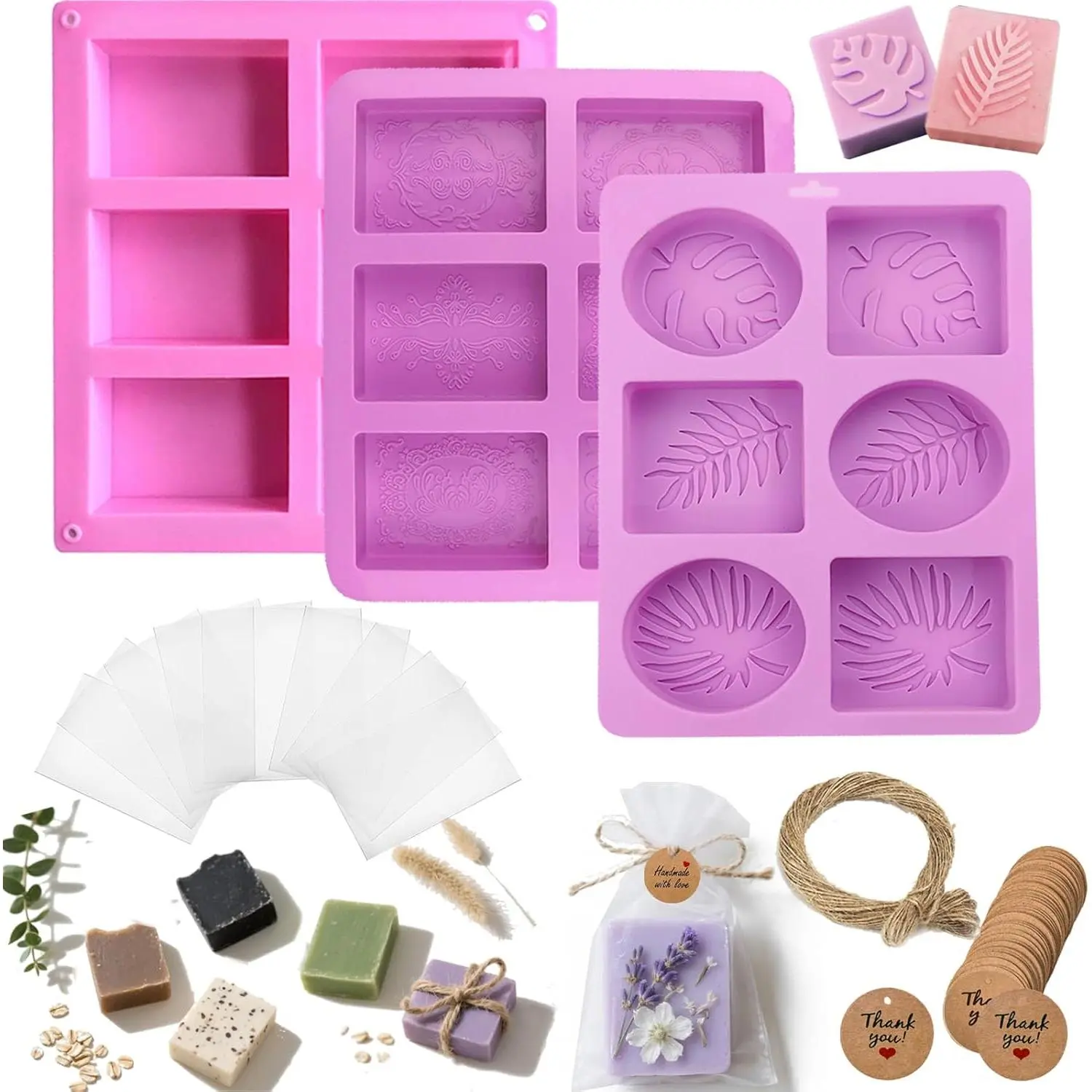 Soap Making Kit with 3 Silicone Molds, 48 Bags, 48 Gift Tags, 65ft Jute Twine – Craft Set for Handmade Soaps – Beginner & Professional